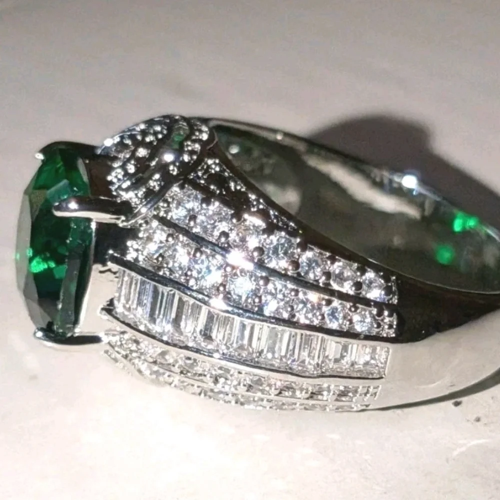 5Ct Cushion Lab Created Emerald Solitaire Engagement Ring 14K White Gold Plated